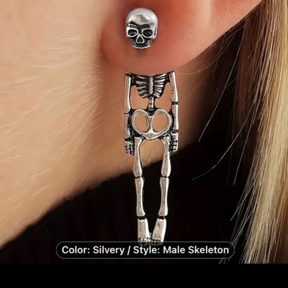 New! Male Skeleton - Silver Color - Gothic Skull Skeleton Hanging Earrings